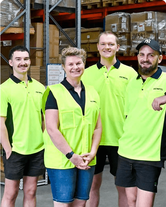 Promtel warehouse team in uniform, managing 3PL logistics and inventory.
